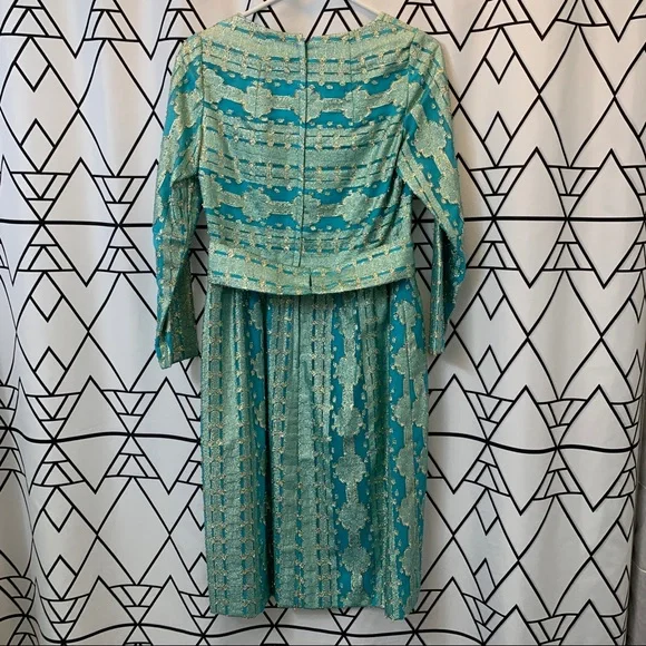 Vintage handmade 60s gold metallic peacock blue shift dress - Picture 10 of 12